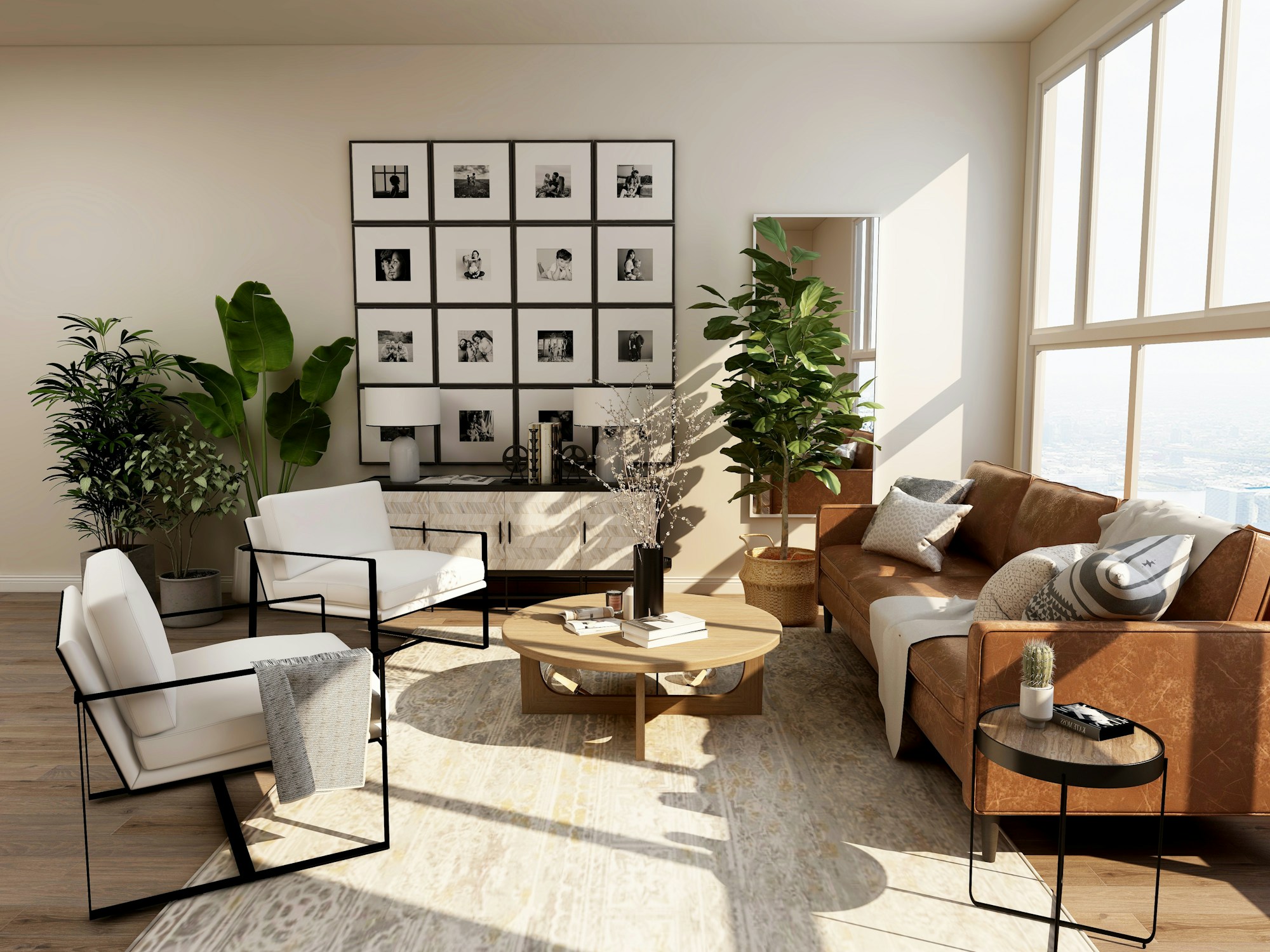 A bright living room with warm natural textures and generous windows